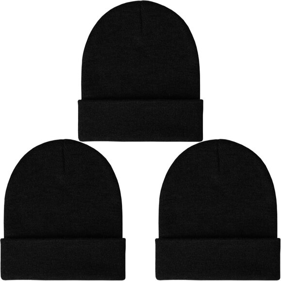 Men's 3 Pack Black Comfortable Breathable Beanie Knit Slouchy Winter Skull Hats - Picture 1 of 8